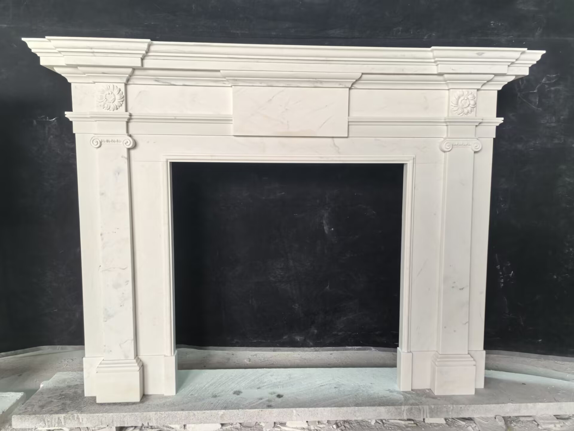 Honed statuary white marble mantel